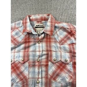 Ariat Shirt Men's Medium Red Plaid Harter Retro Fit Pearl Snap Western Cowboy